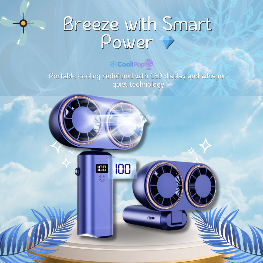 CooliPop™ TwinBreeze Pro – Dual-Head Rechargeable Neck Fan With Digital Display